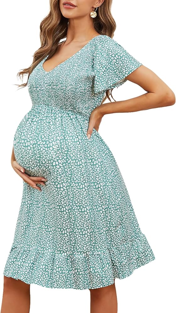 Adorel Maternity Dress Midi Ruffle V-Neck Flowy Smocked Empire ...