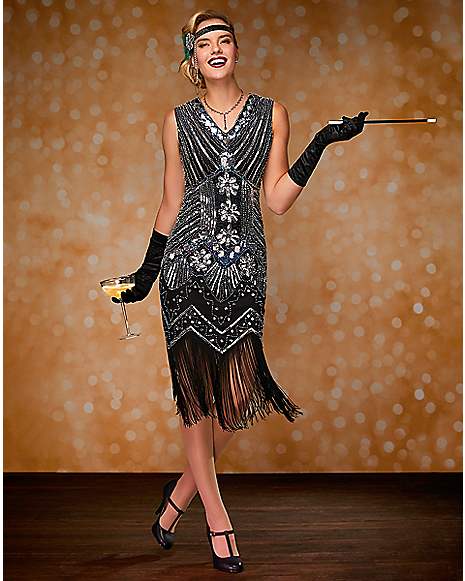Adult Black Beaded Flapper Dress - Spirithalloween.com 
