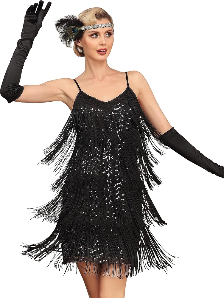 Amazon.com: PrettyGuide Women's Black Flapper Dress V Neck Sequin ...