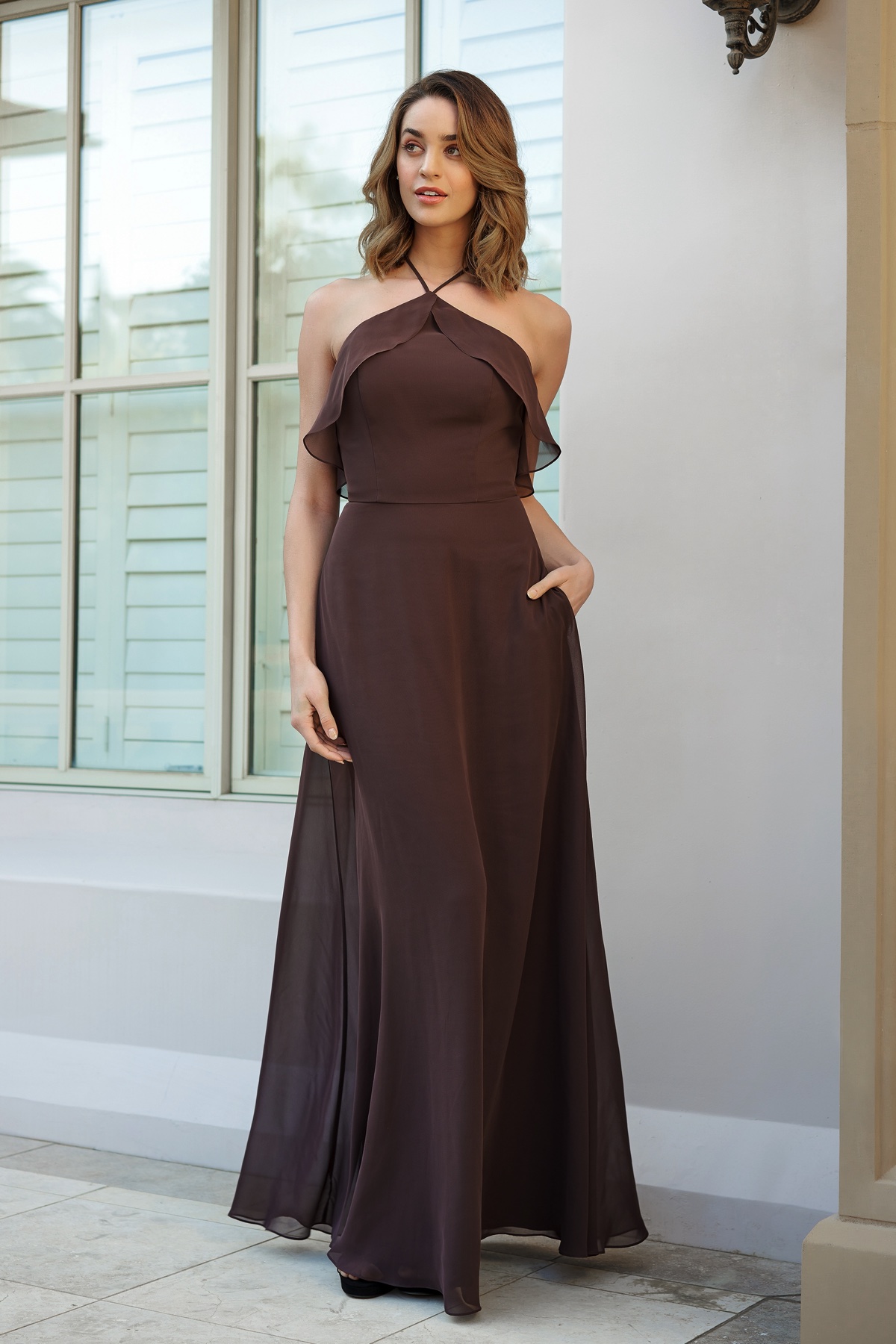 B233058 Stylish Poly Chiffon Gown with Halter Neckline and Sexy ...