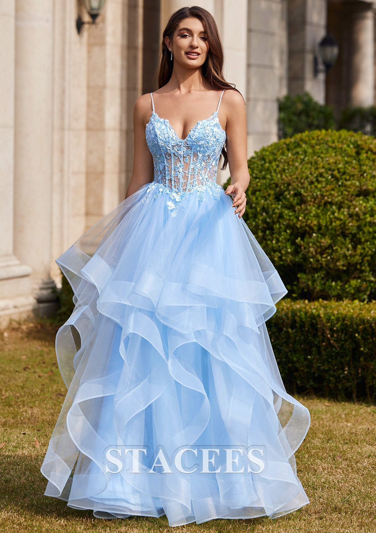 Ball Gown V Neck Sweep Train Tulle Prom Dress with Appliqued ... [google]