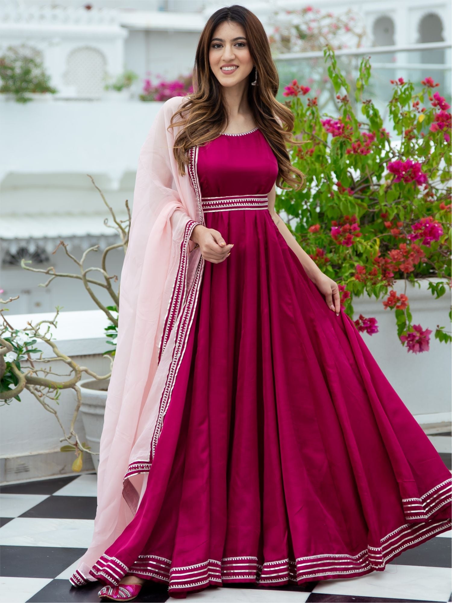 Buy Pink Silk Long Dress With Dupatta Online | Lavanya The Label 