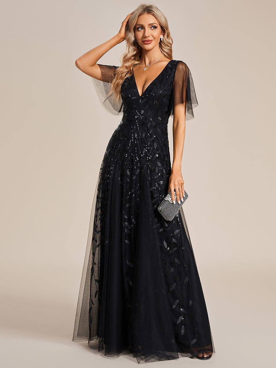 Double V Neck Sequin Ruffle Sleeve Maxi Formal Evening Dress ...