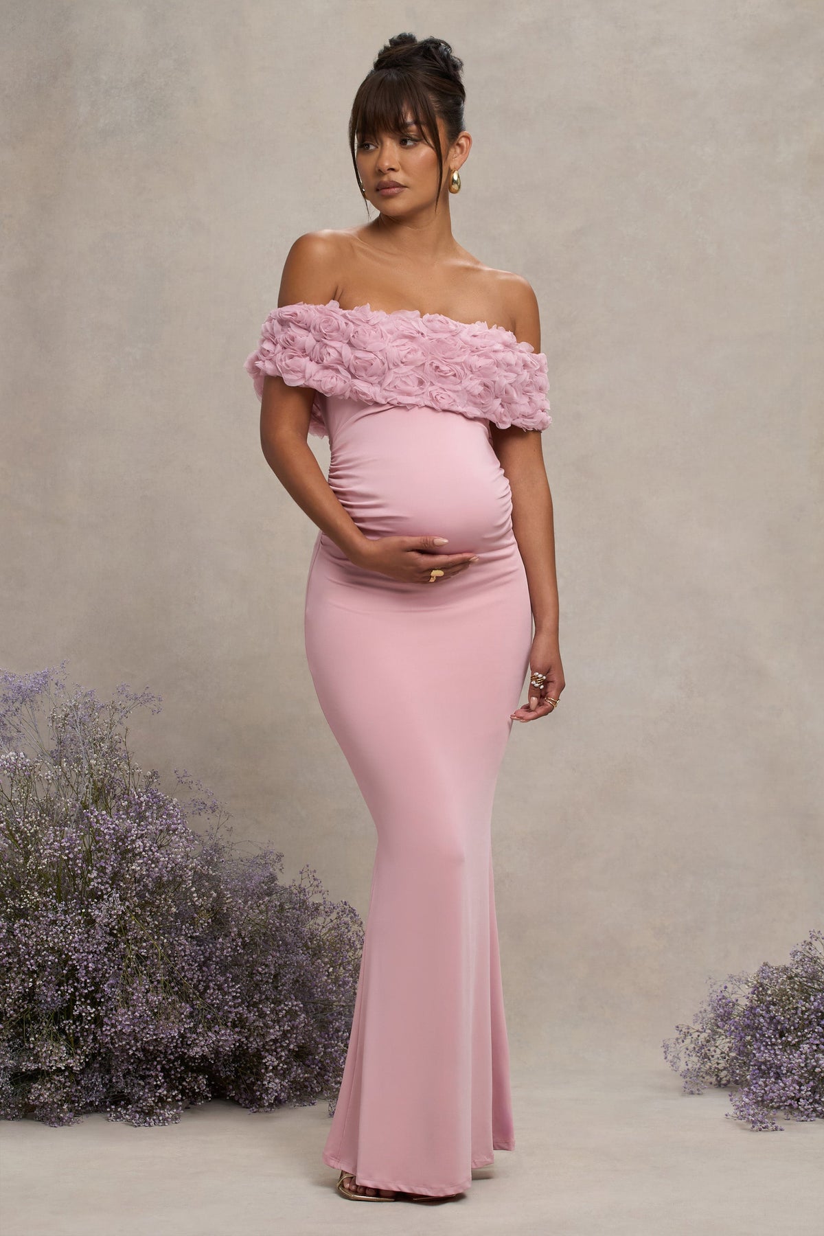 Inflorescence Blush Pink Mesh Floral Bardot Maternity Maxi Dress ...