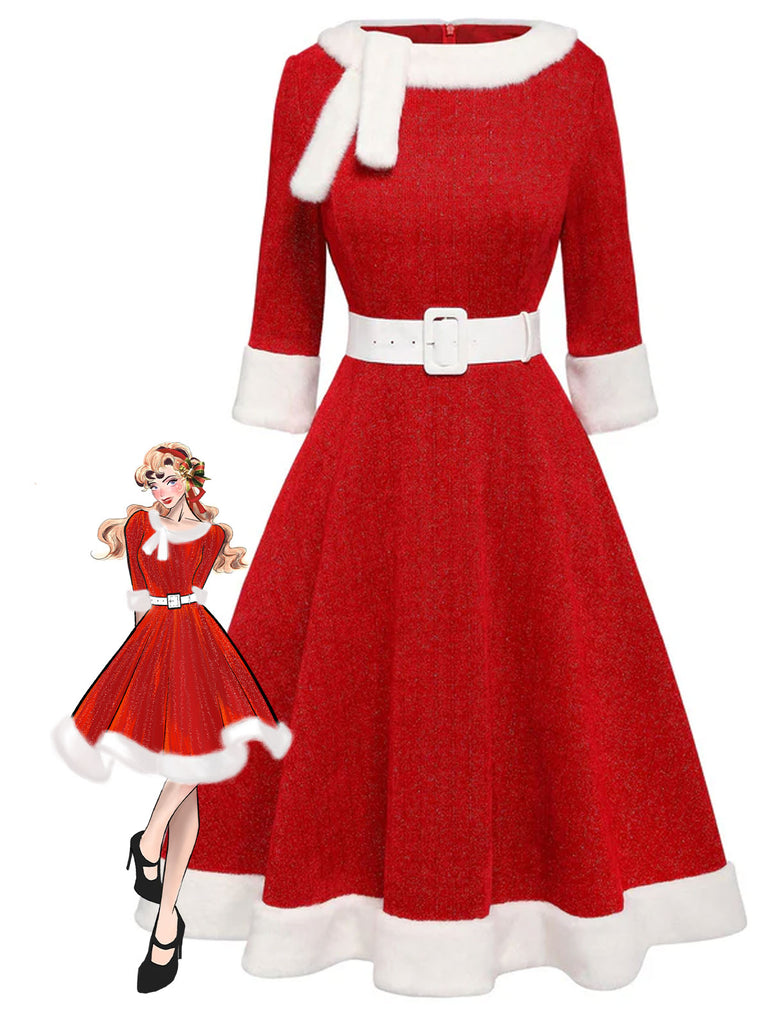 Red 1950s Solid Plush Christmas Dress | Retro Stage 