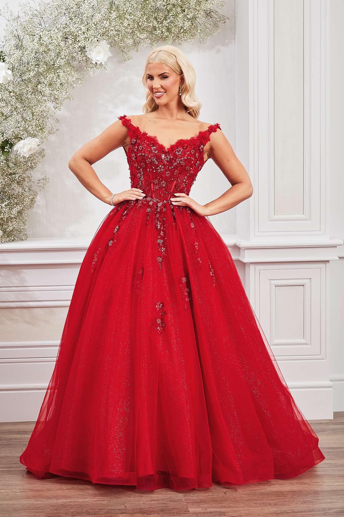 Red Flower Detailed Bodice Ball Gown Prom Dress | Red Carpet Reay 
