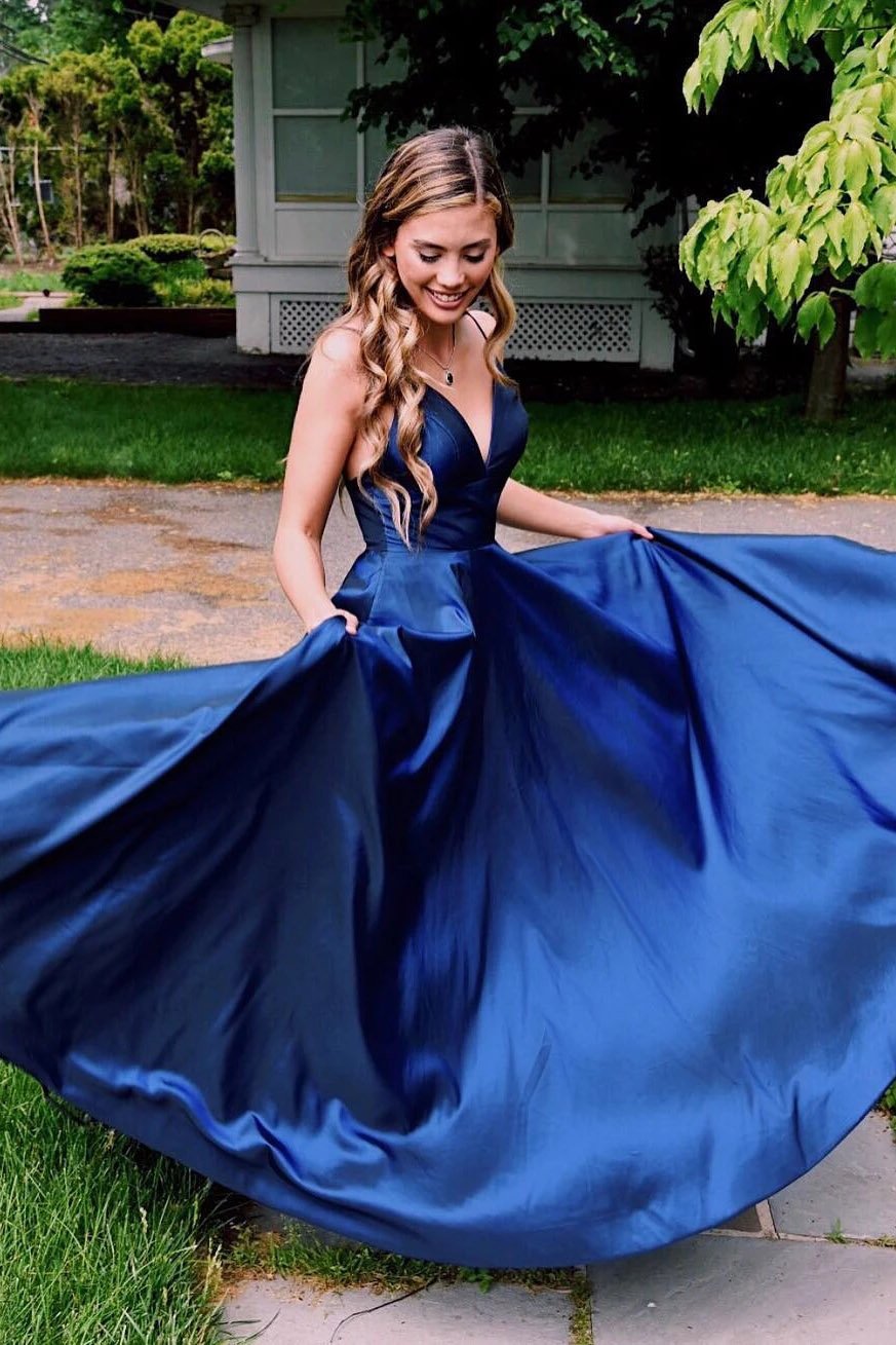 Royal Blue Simple V Neck Satin Prom Dress, A Line Spaghetti Straps Lon - Uniqued [yandex]