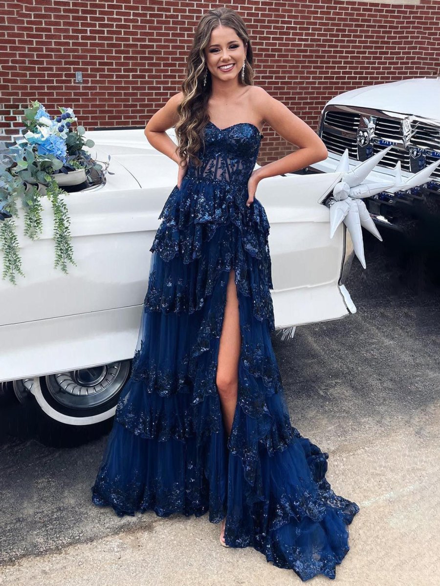 Sweetheart Navy Blue Appliques A-line Ruffle Long Prom Dress