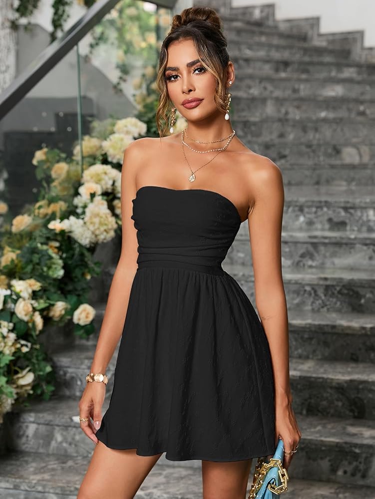 VKIHOC Summer Strapless Mini Dress Sleeveless Smocked Flowy A Line 