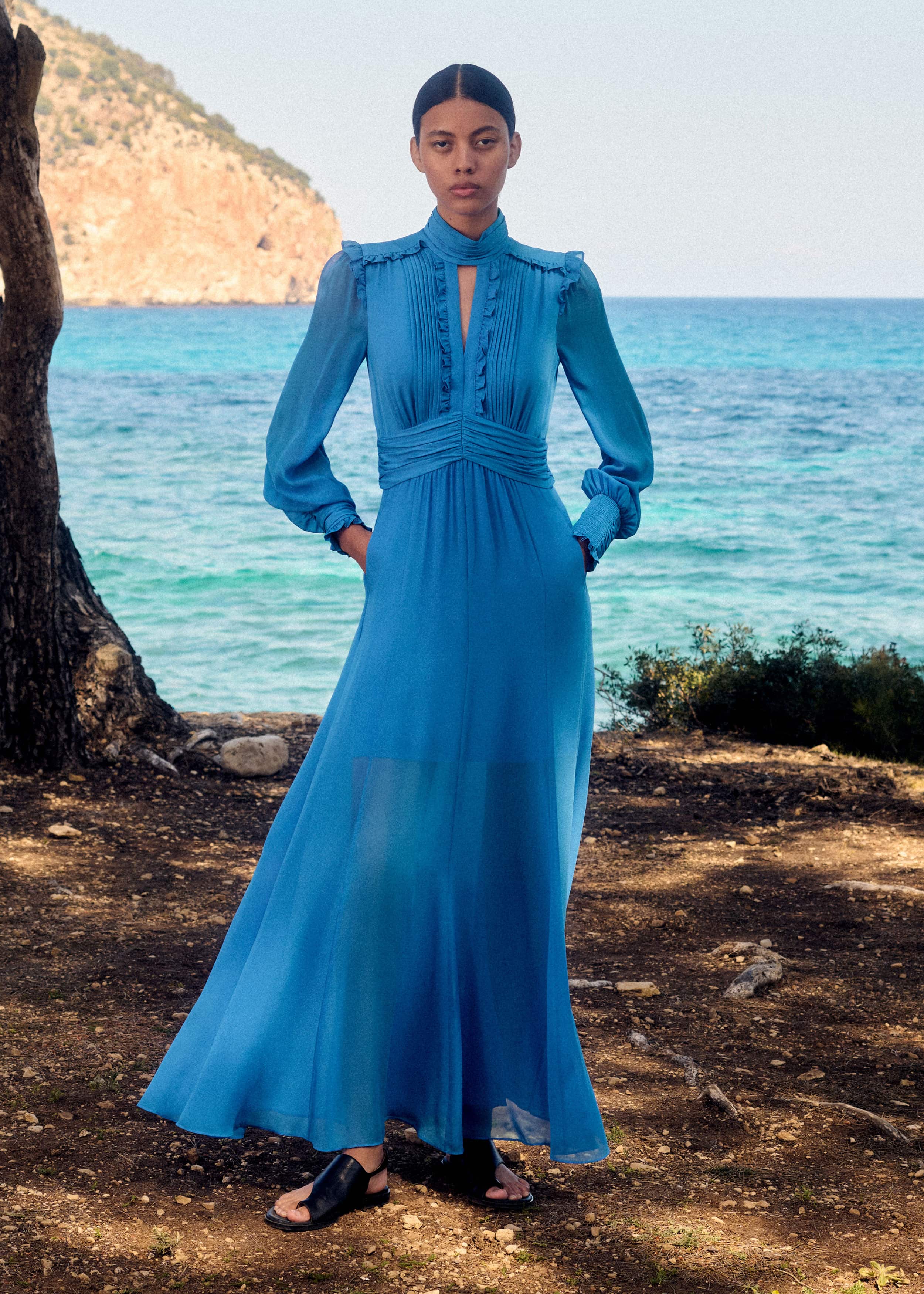 Women's Blue Silk Ultra Feminine Full-Length Dress | ME+EM