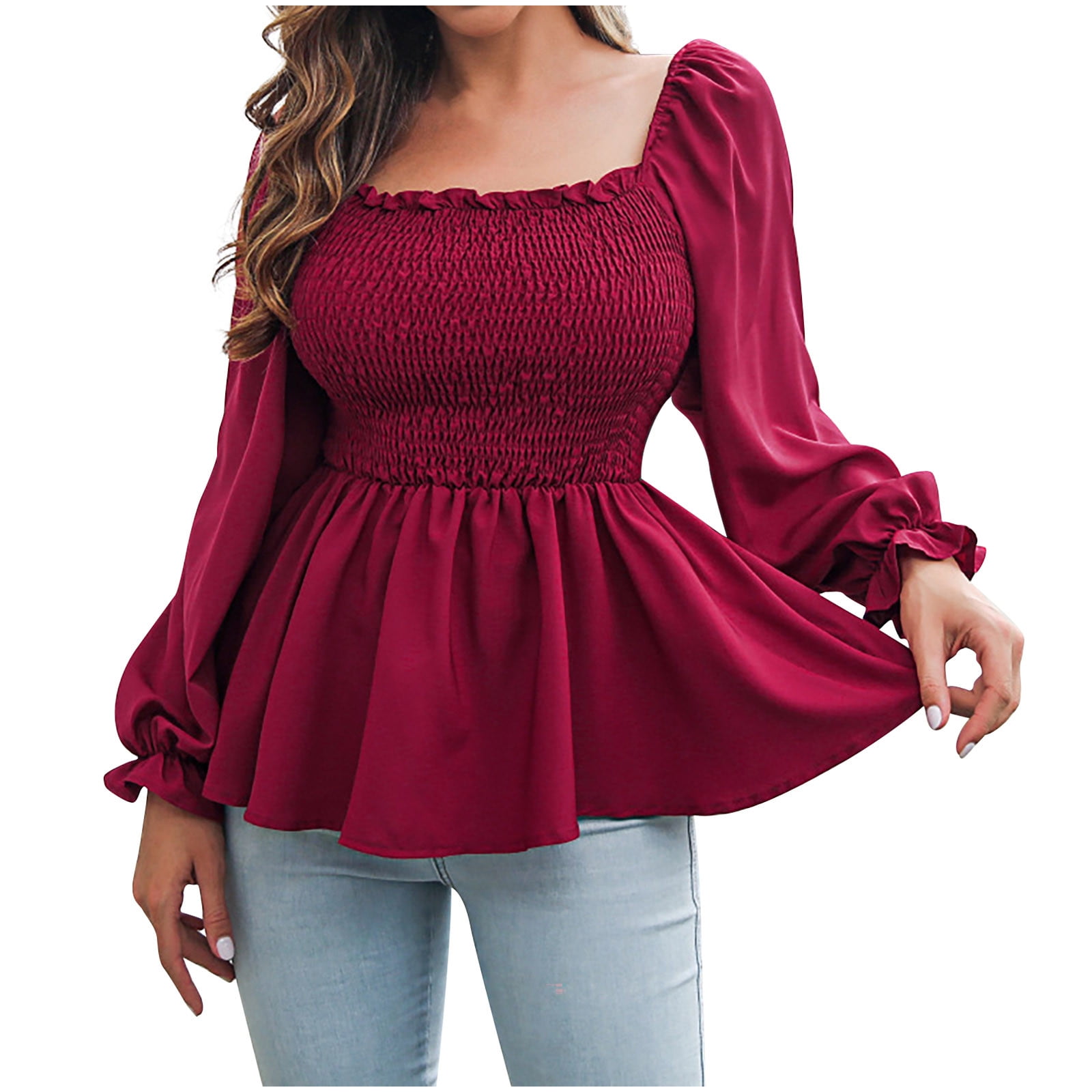 Womens Chiffon Smocked Peplum Tops Elegant Sexy Square Neck Long ...